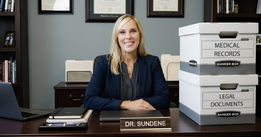 Dr. Nicole Sundene reviewing malpractice medical records for flat-rate chart review.